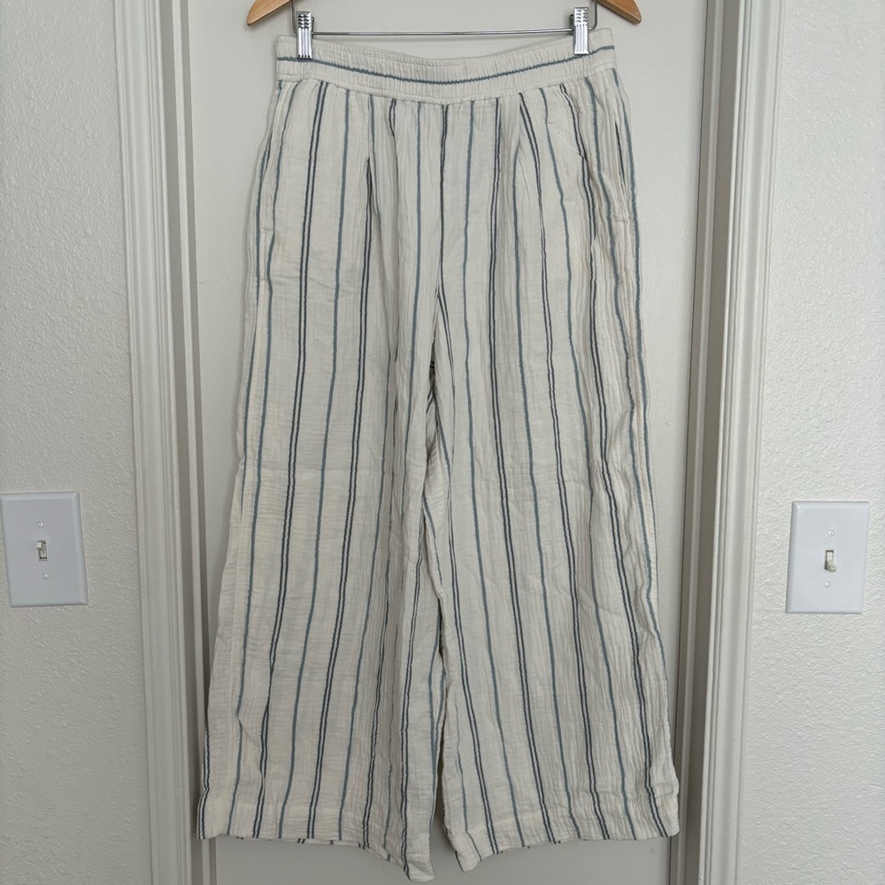 Madewell Cream Wide Leg Linen-Blend Pants with Blue Stripes (cropped)